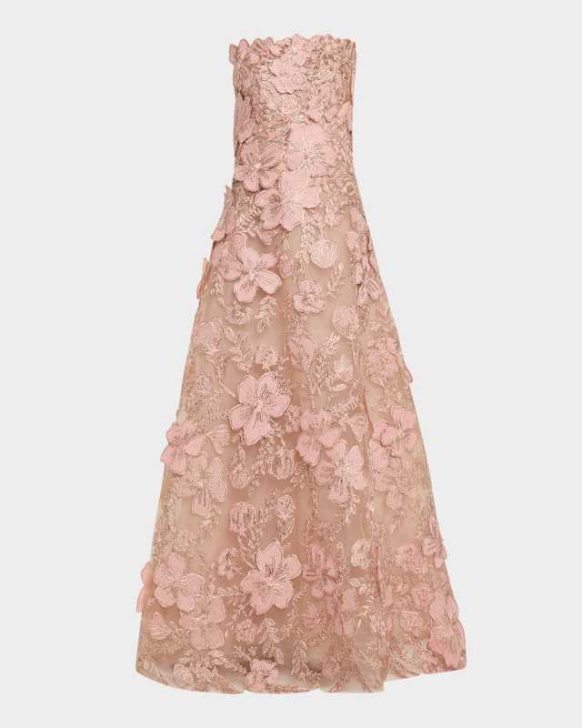 Strapless Metallic Floral Embroidered Tulle A-Line Gown